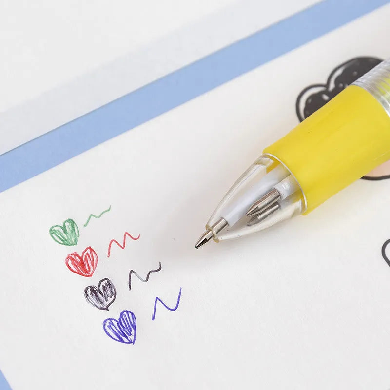 Four-colour press ballpoint pen with a random cute cartoon design, such as cactus or fast food, showing its press mechanism.
