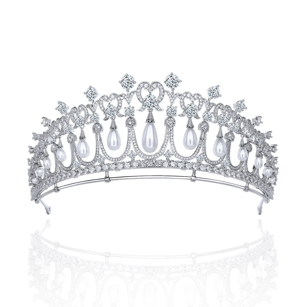 Silver bridal wedding tiara with AAA zircon and pearl tears on white background