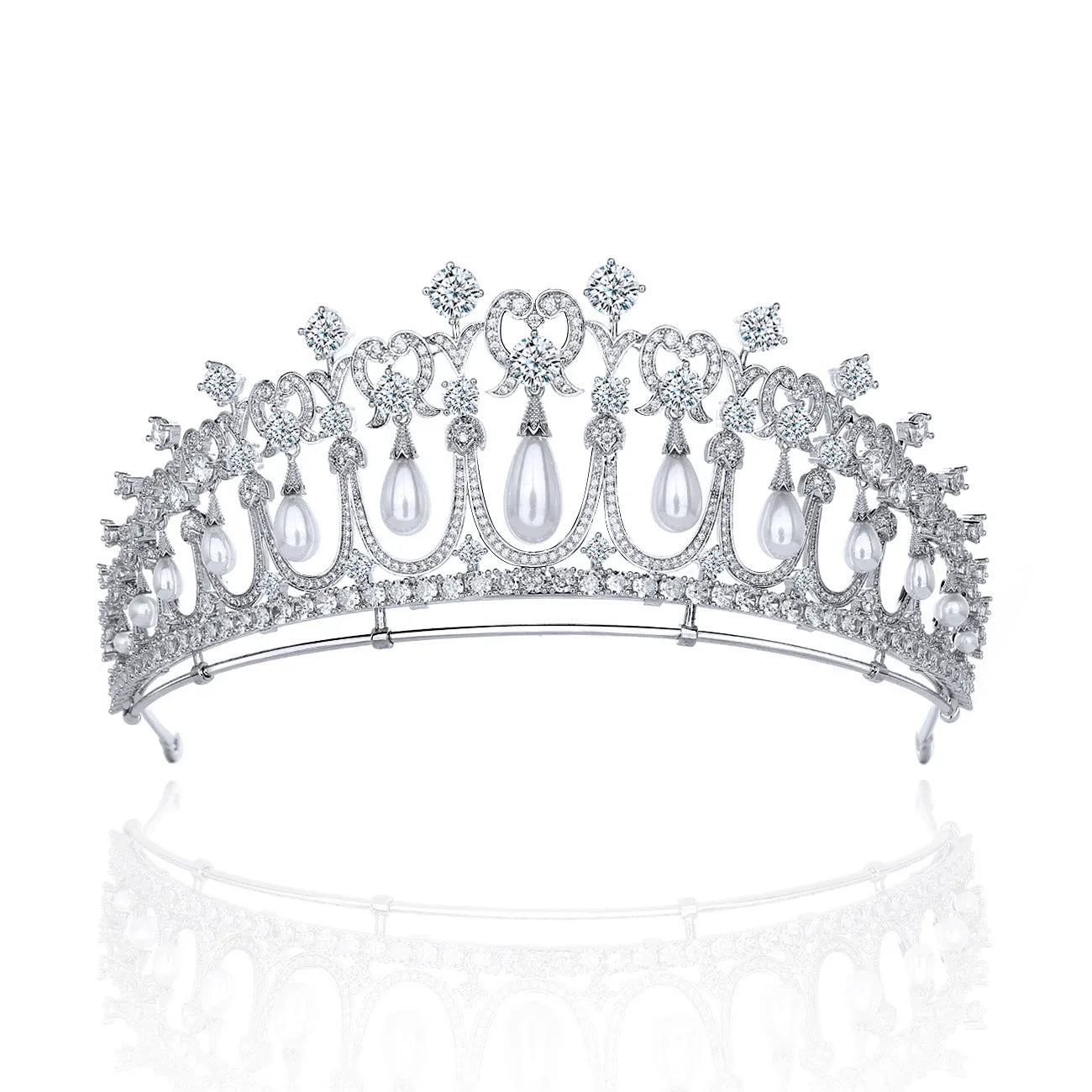 Silver bridal wedding tiara with AAA zircon and pearl tears on white background