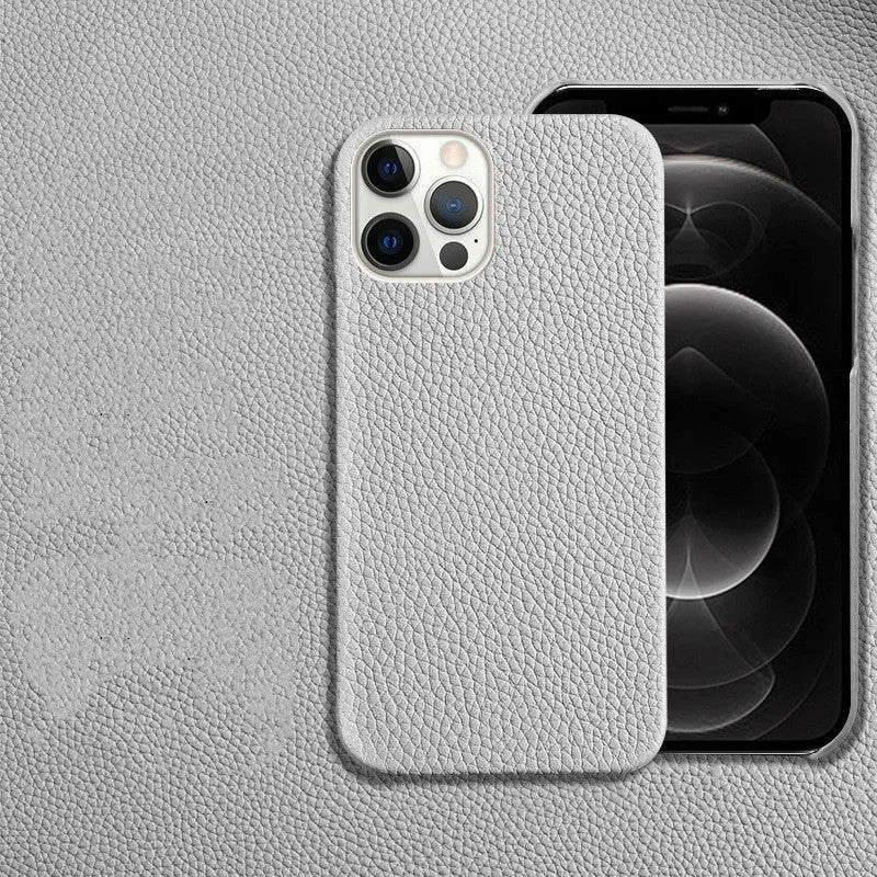 Genuine leather protective case for iPhone shown in beige colour.