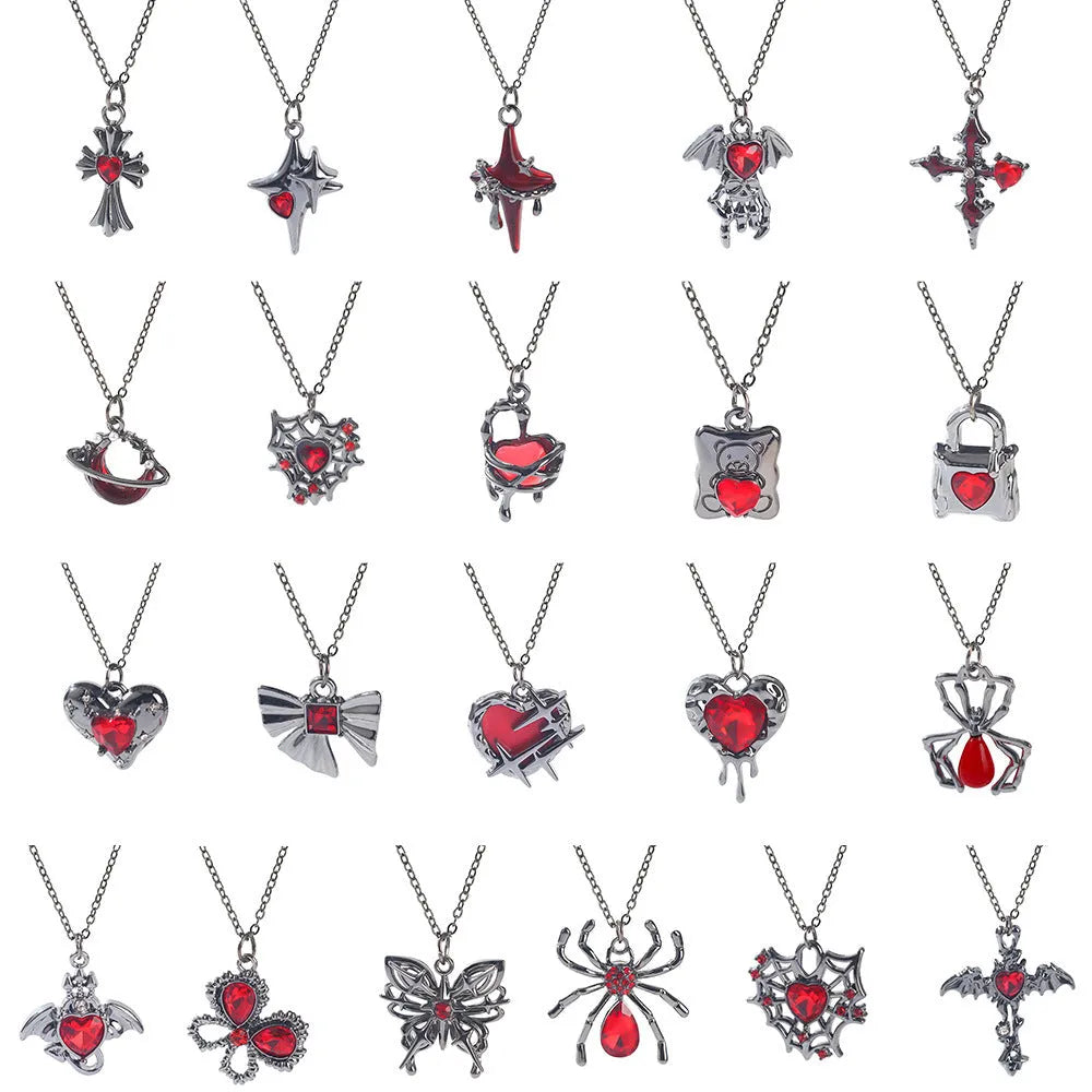 Dark Halloween necklace with bat and spider pendant designs on regular chain