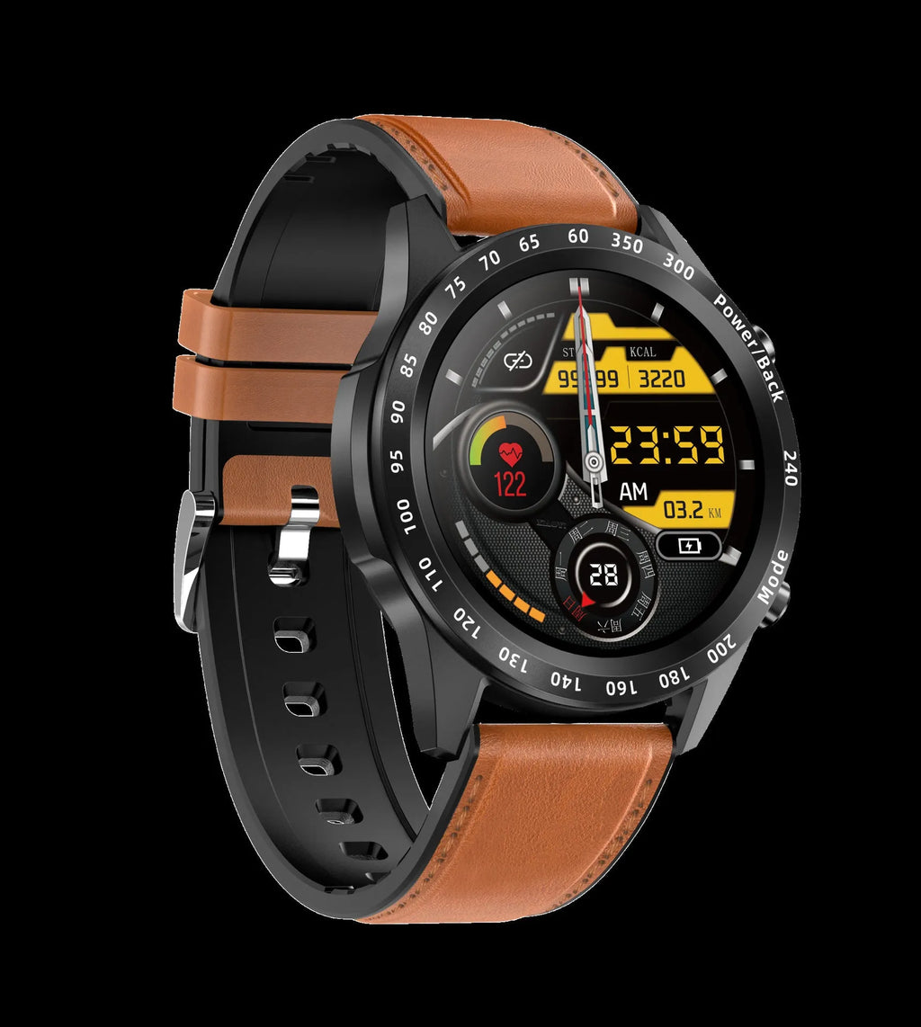 Black Bluetooth smart watch with heart rate monitoring on leather strap showing 1.3 inch touch screen display