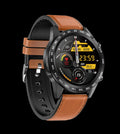 Black Bluetooth smart watch with heart rate monitoring on leather strap showing 1.3 inch touch screen display