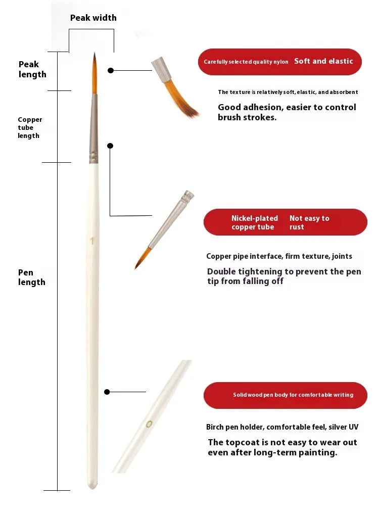 Set of 12 pearl white artists' brushes in a solid wood holder, sizes from 0 to 4/0 for watercolour and acrylic painting.