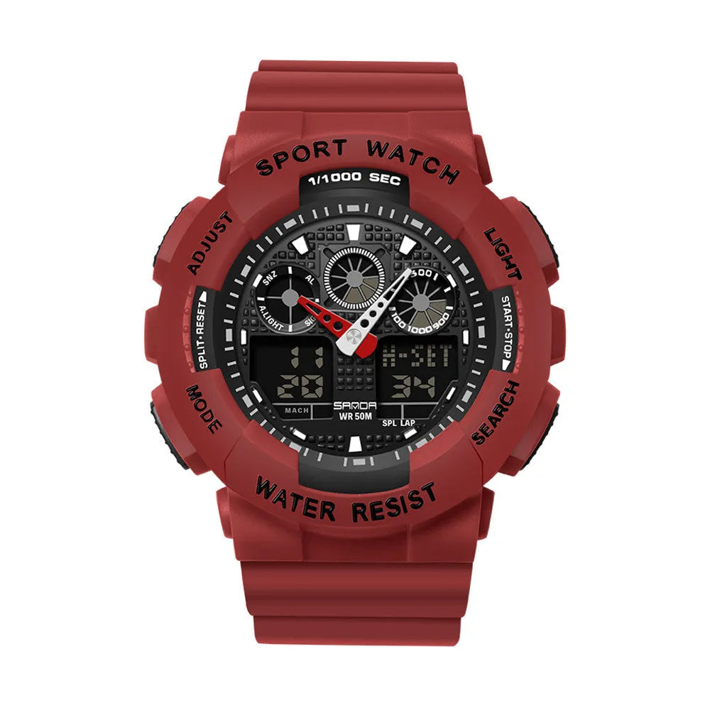 Women's multifunctional waterproof sports digital watch with resin case and stainless steel, available in multiple colours