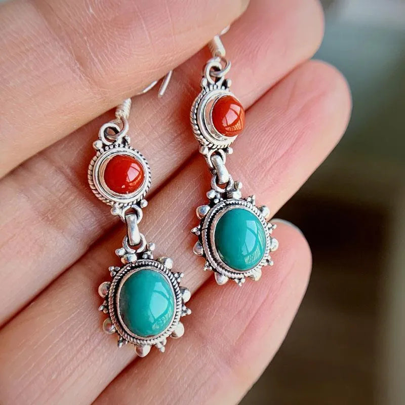 Silver plated geometric ethnic style earrings with chamfered square pattern in turquoise imitation colour
