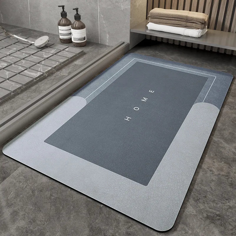 Blended material bathroom floor mat in oval and rectangle shapes on a tiled floor.