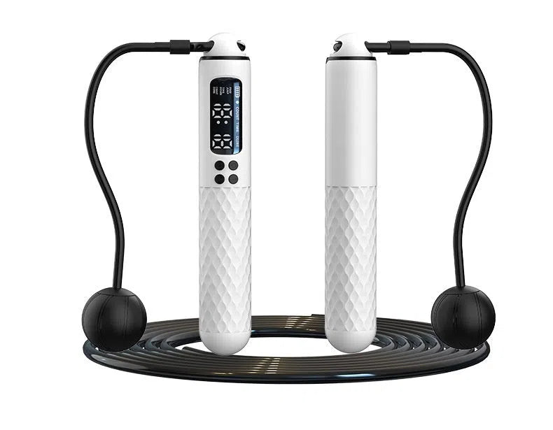 Smart skipping rope with rechargeable English display counter, ABS handles, dual-use cord and cordless mode, three colours