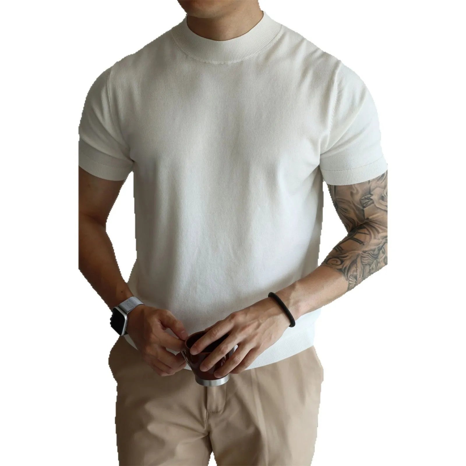 Men's slim-fit solid colour t-shirt in breathable polyester knitwear, shown in a neutral shade.