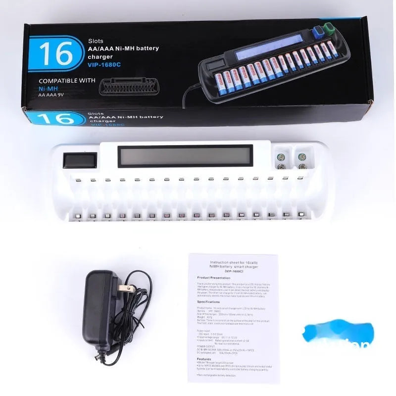 VIP-1680C LCD smart charger with 16 slots for AA AAA batteries and two 9V slots, ABS flame retardant casing, EU US plug options