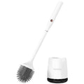 White wireless electric toilet brush with base and USB cable on a bathroom floor
