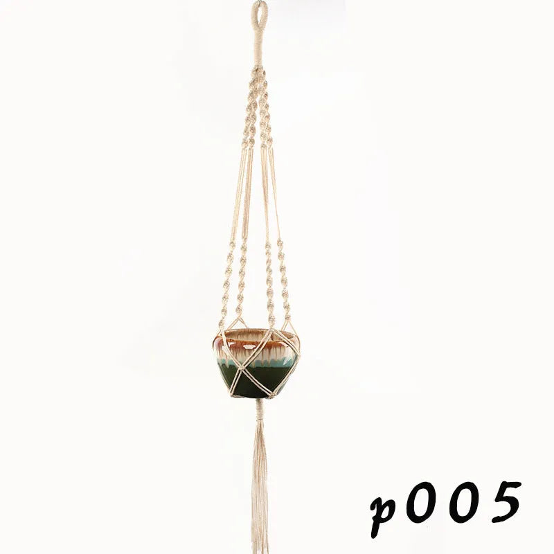 Woven cotton rope and wire basket planter in a rustic style for wall or desktop plant display.