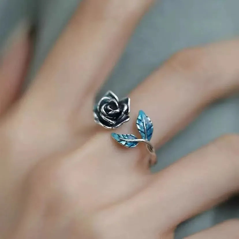 Retro blue enamel rose adjustable ring for women in copper casual style