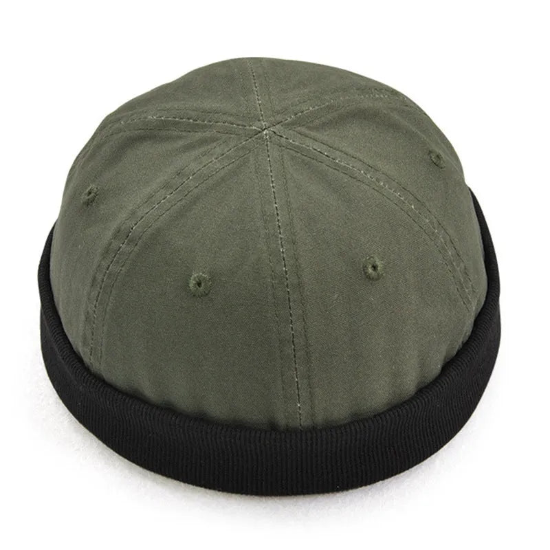 Cotton brimless skullcap sailor cap for men and women in army green, black, and dark blue