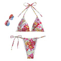 Women's triangle print bikini set with halter neck top and separate bottoms in multicolour pattern