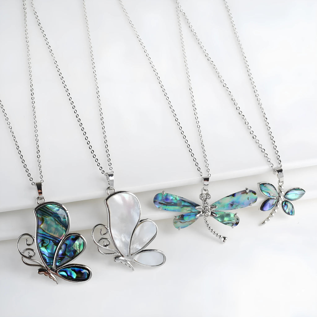 Copper animal zodiac pendant necklace with inlaid abalone shell, butterfly and dragonfly designs, four style options
