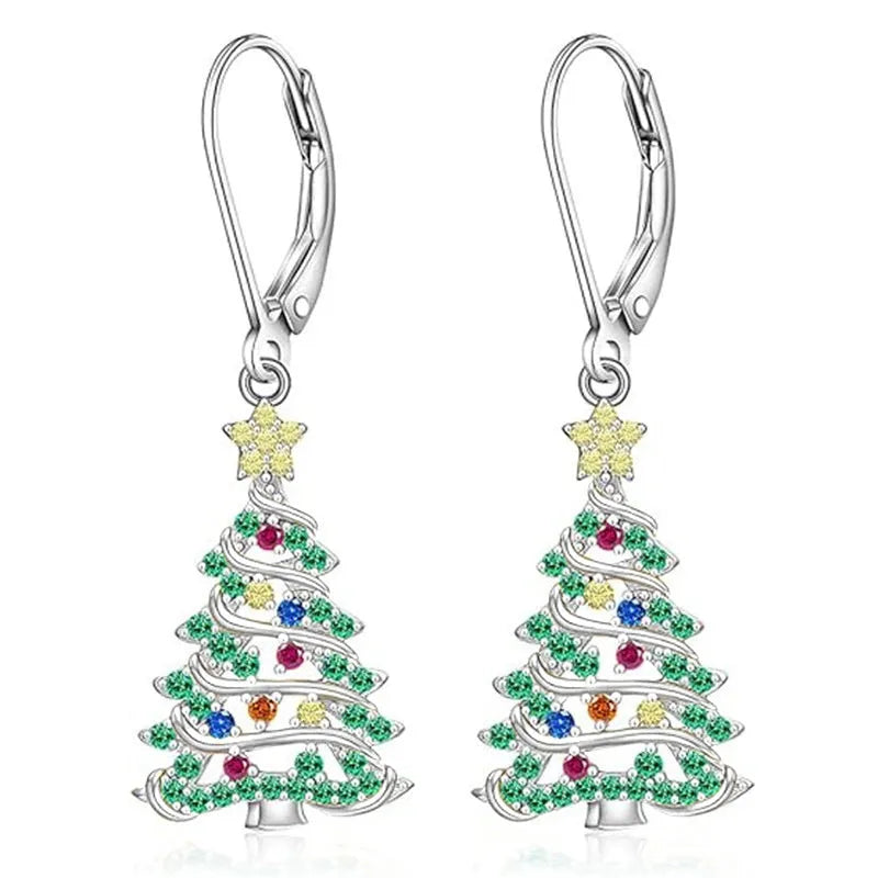 White gold colour Christmas tree earrings with star-shaped copper design for women