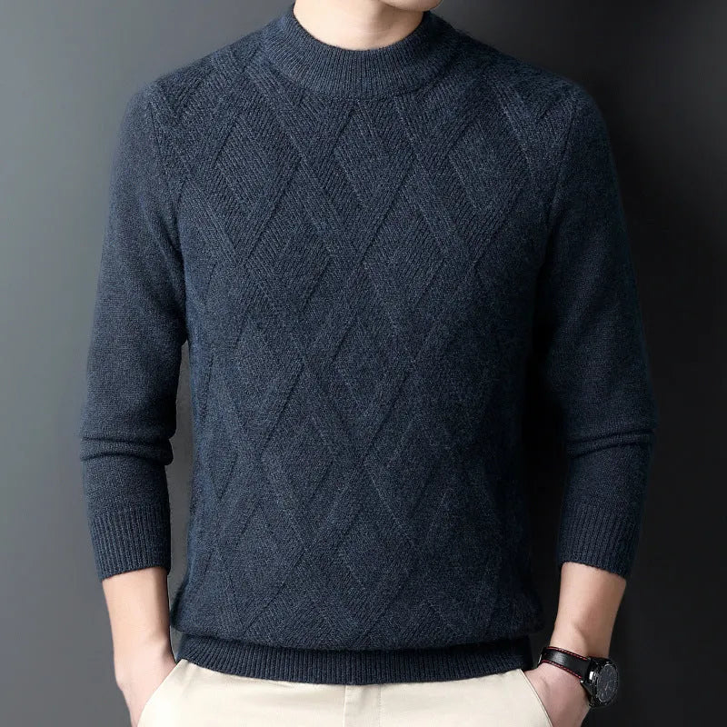 Men's thick winter sweater with diamond jacquard pattern in light camel colour