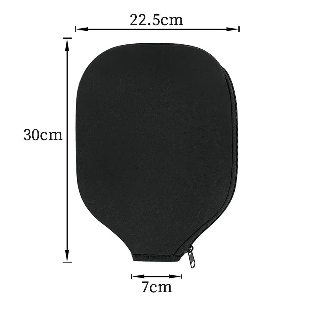 Black neoprene protective sleeve for a table tennis racket on a plain background.