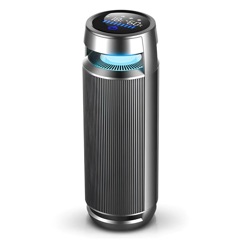 Aluminium alloy negative ion car air purifier with touch switch on a car dashboard