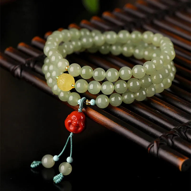 Pale blue Hetian jade bracelet with 6mm beads in three-circle design for women