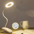 Clip-on rechargeable desk lamp with touch controls showing modern minimalist design