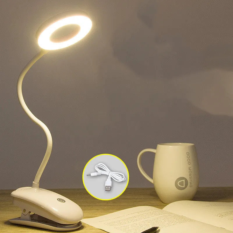 Clip-on rechargeable desk lamp with touch controls showing modern minimalist design