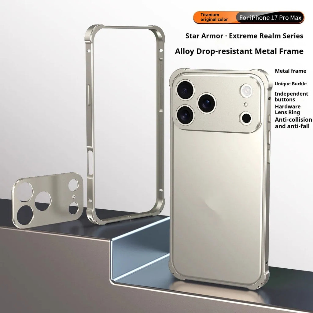iPhone 17 alloy mobile phone case with metal corner frame and seahorse buckle in frosted finish