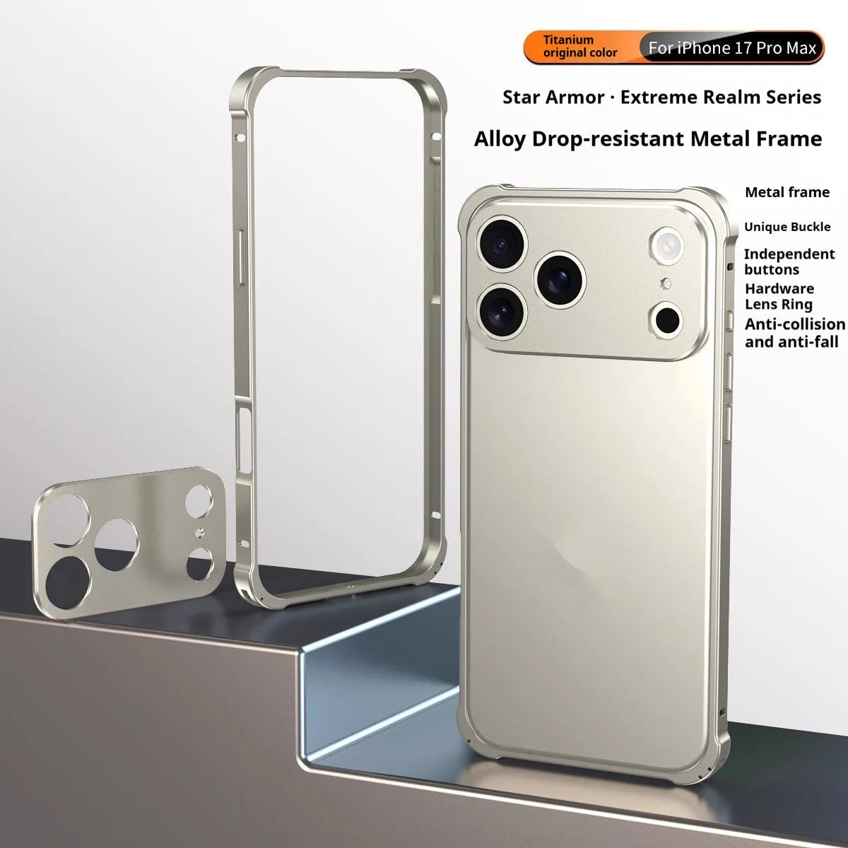 iPhone 17 alloy mobile phone case with metal corner frame and seahorse buckle in frosted finish