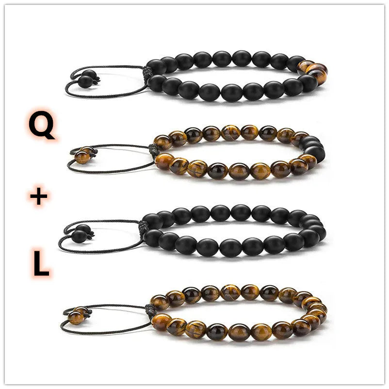 Geometric couple bracelets with tiger eye and matte black agate beads