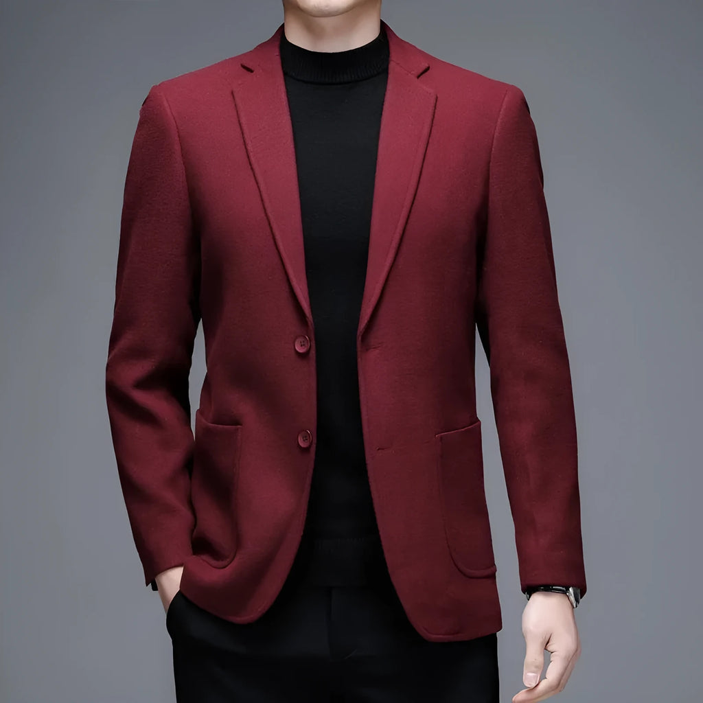 Men's solid colour loose-fit woolen winter jacket on a hanger.