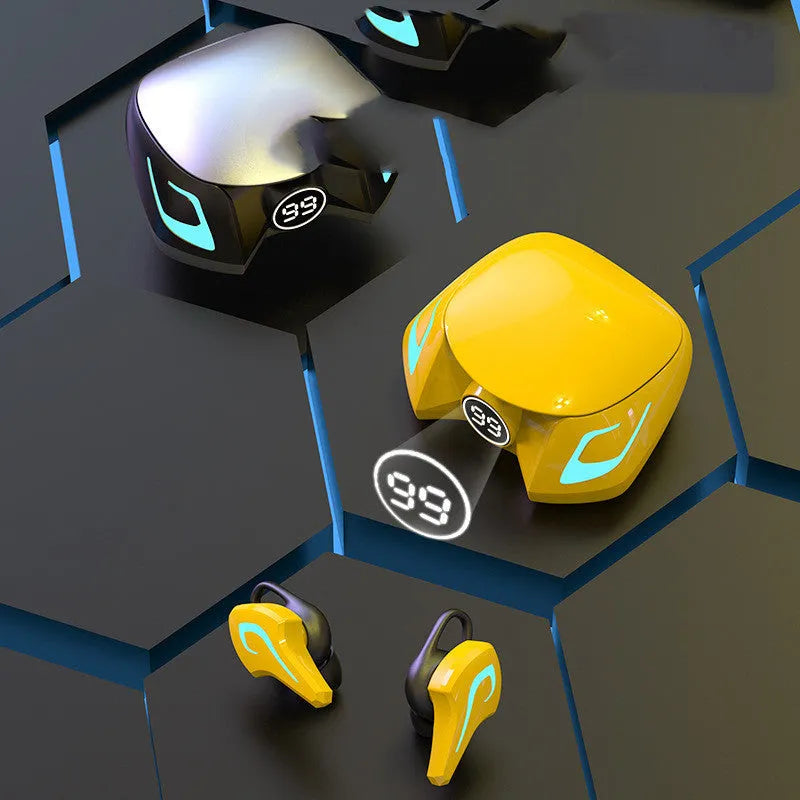 Griffin wireless gaming earbuds in black, dark grey, and yellow colour options with earplug-style fit.