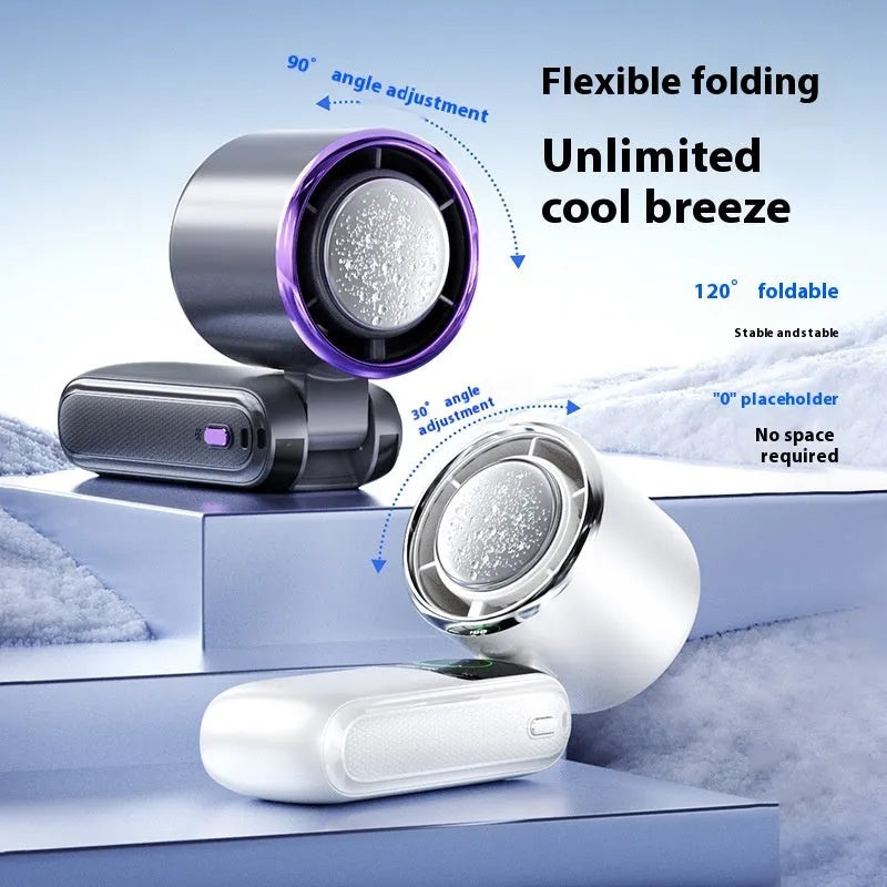 Handheld electric fan with folding design in blue colour showing USB charging port and speed adjustment buttons