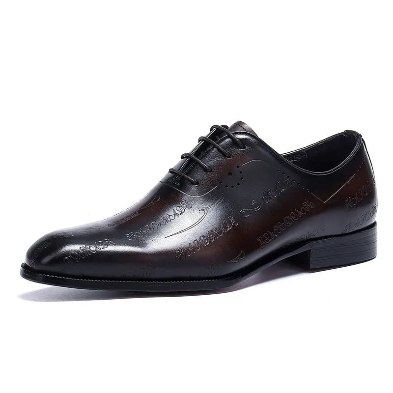 Men's formal leather shoes in brown with pointy toe, cowhide upper, and rubber sole, displayed on a neutral background.