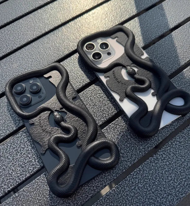 Tailed snake hollowed-out decorative phone case in black stone pattern for iPhone