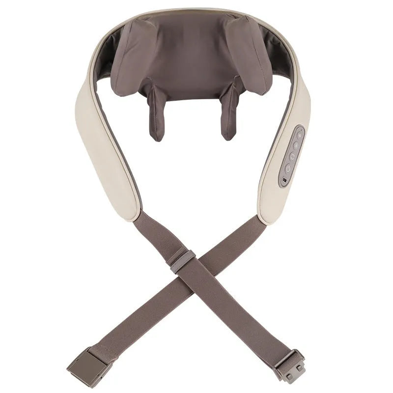 Milky white rechargeable shoulder and neck cervical massager with USB cable.