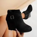 Black PU square toe wedge heel booties with side zipper for women, available sizes 35-43