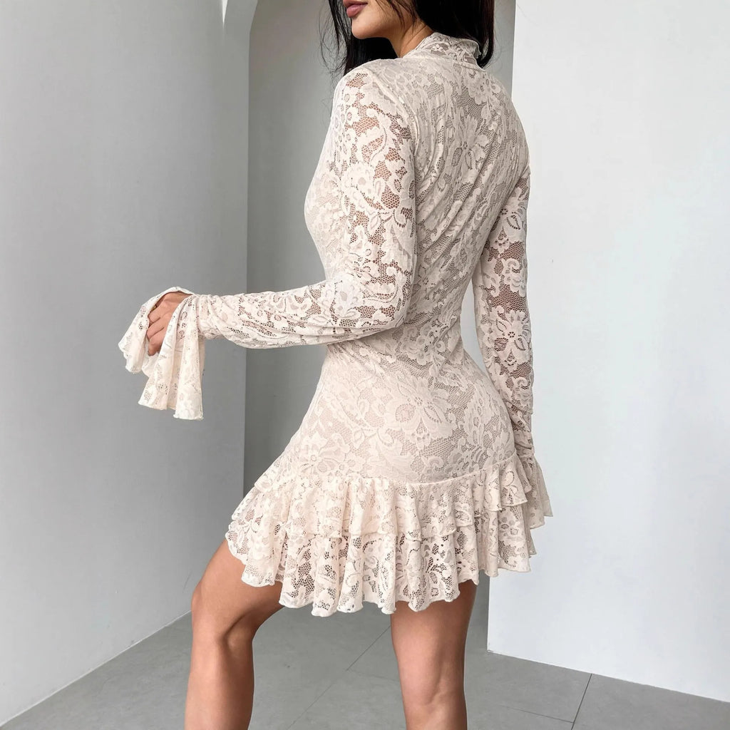 Lace V-neck double-layer ruffled slim-fit mermaid dress in apricot with floral pattern
