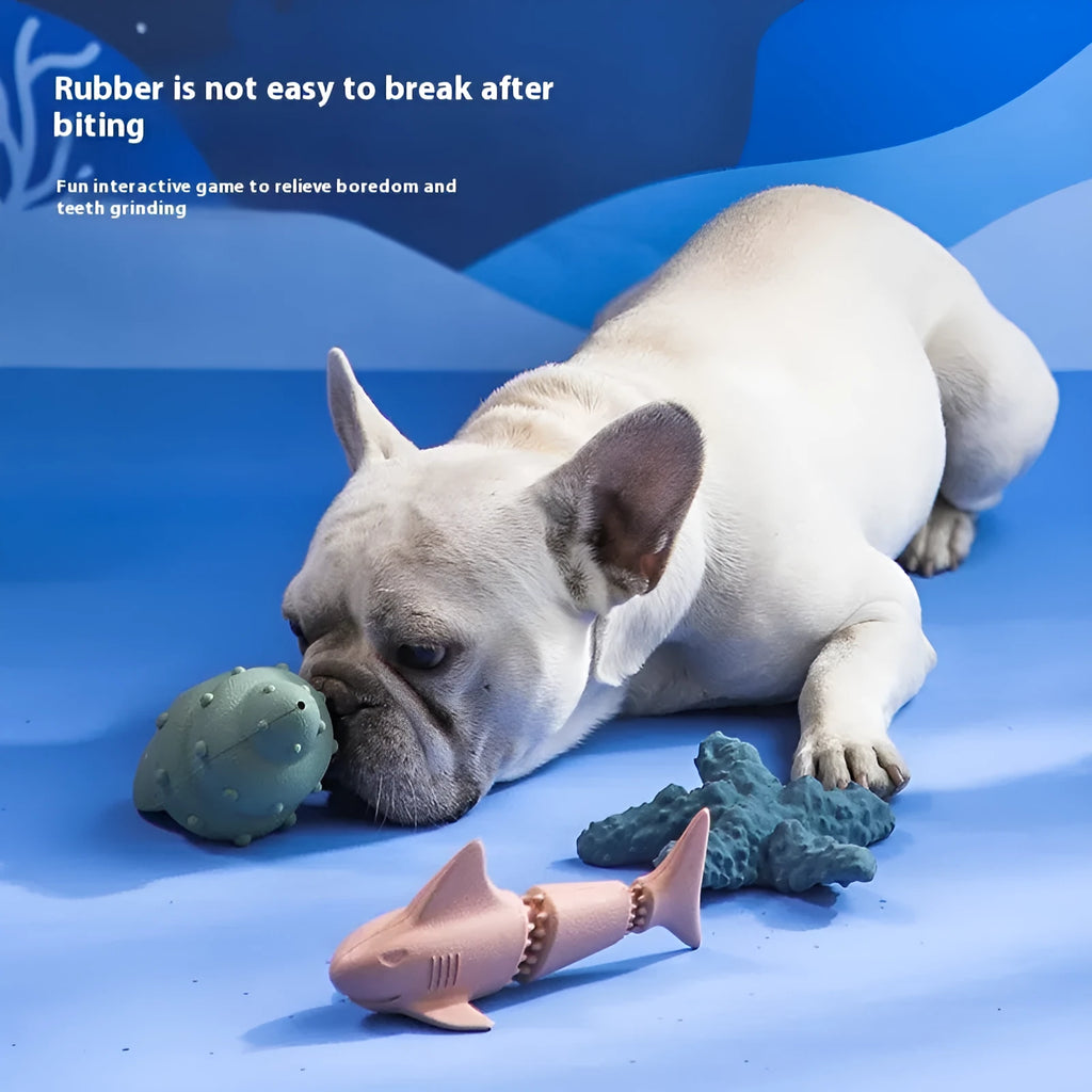 Deep sea shark design rubber dog toy in blue and green colour options