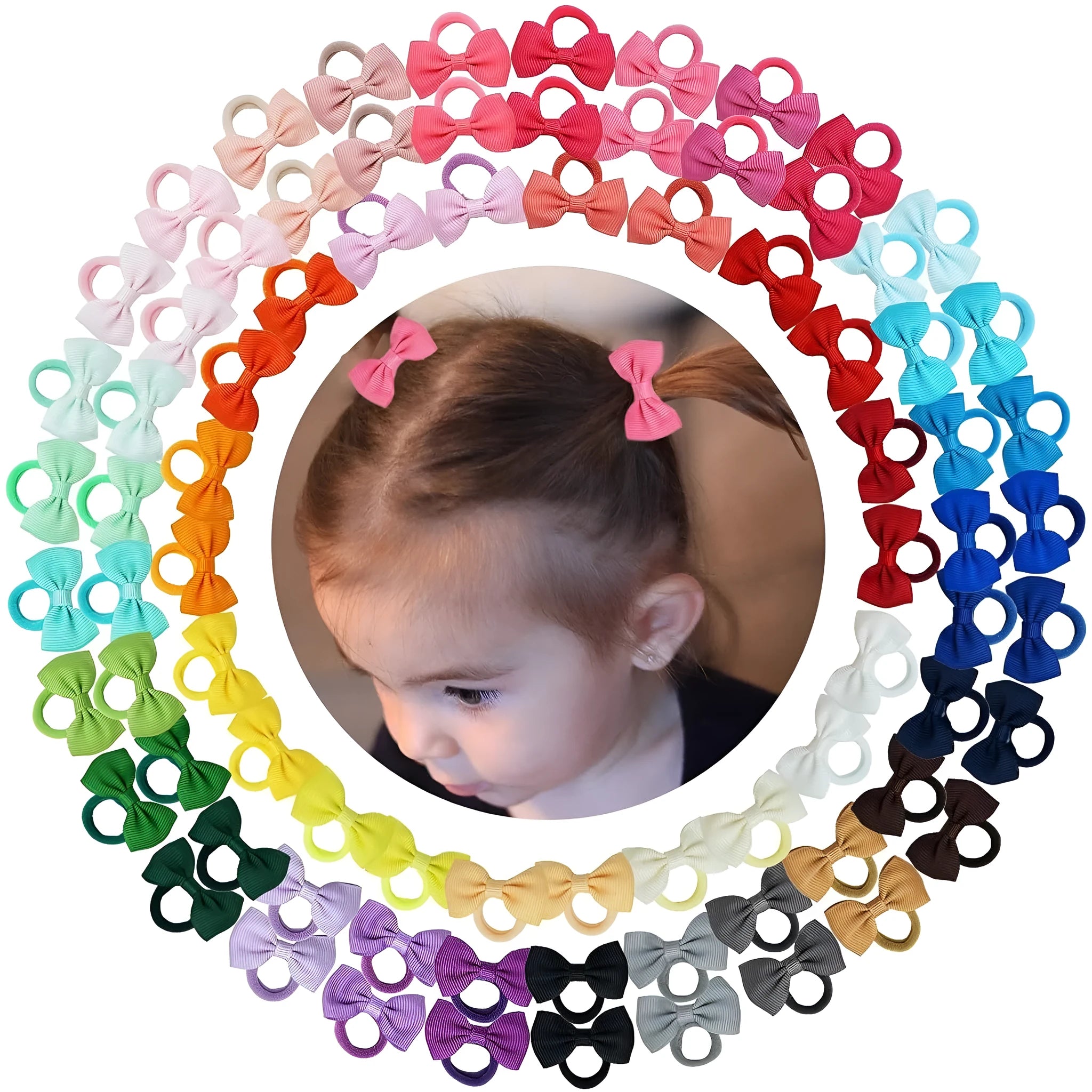 80 piece set of tiny hair ties with grosgrain ribbon bows in 40 colour pairs, size approx 2 inches, on a white background
