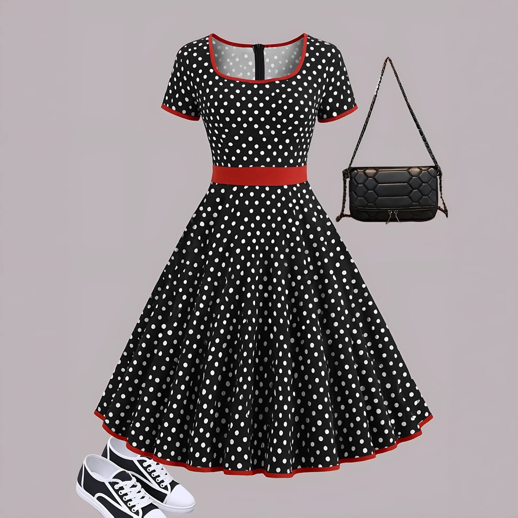 Multicolour polka dot pleated midi dress with a square collar and short sleeves on a hanger.