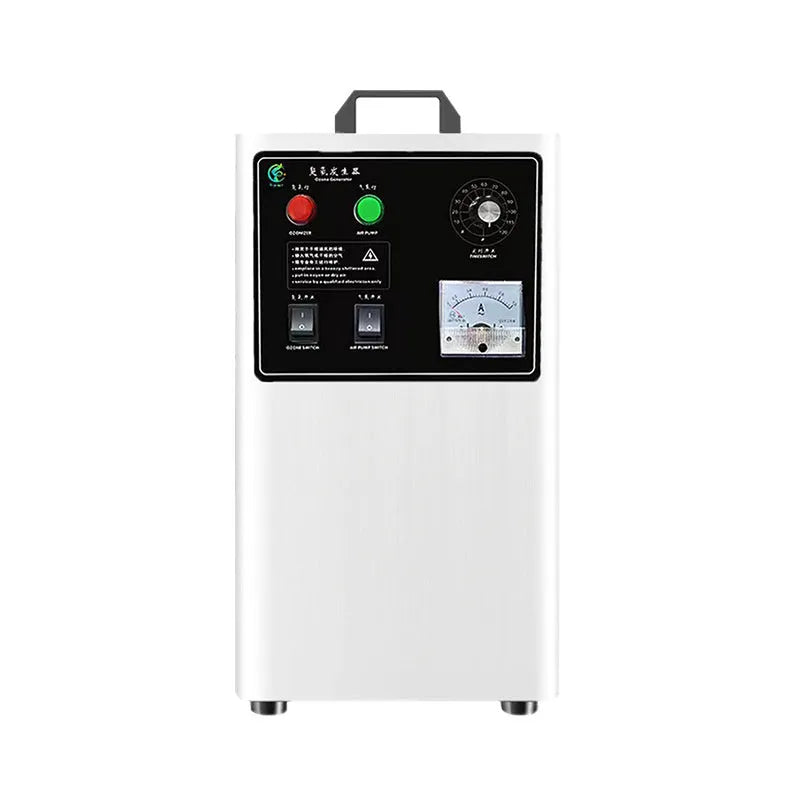 White or stainless steel air-cooled ozone generator for sanitising fruits and vegetables on a kitchen countertop.