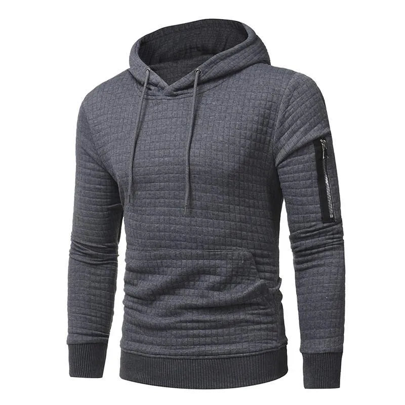 Men's sweatshirt hoodie with arm zipper long sleeve slim top in solid colour, O-neck, cotton poly blend, side view