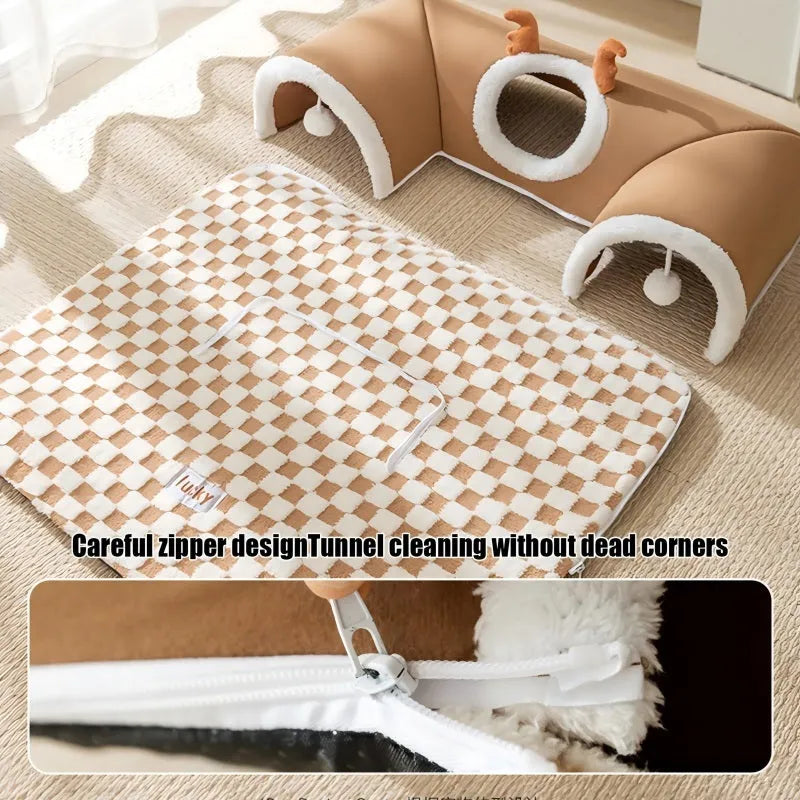 Grey plaid crystal fleece cat tunnel bed with two hanging balls, curved tunnel door, and slip-resistant bottom, for indoor use