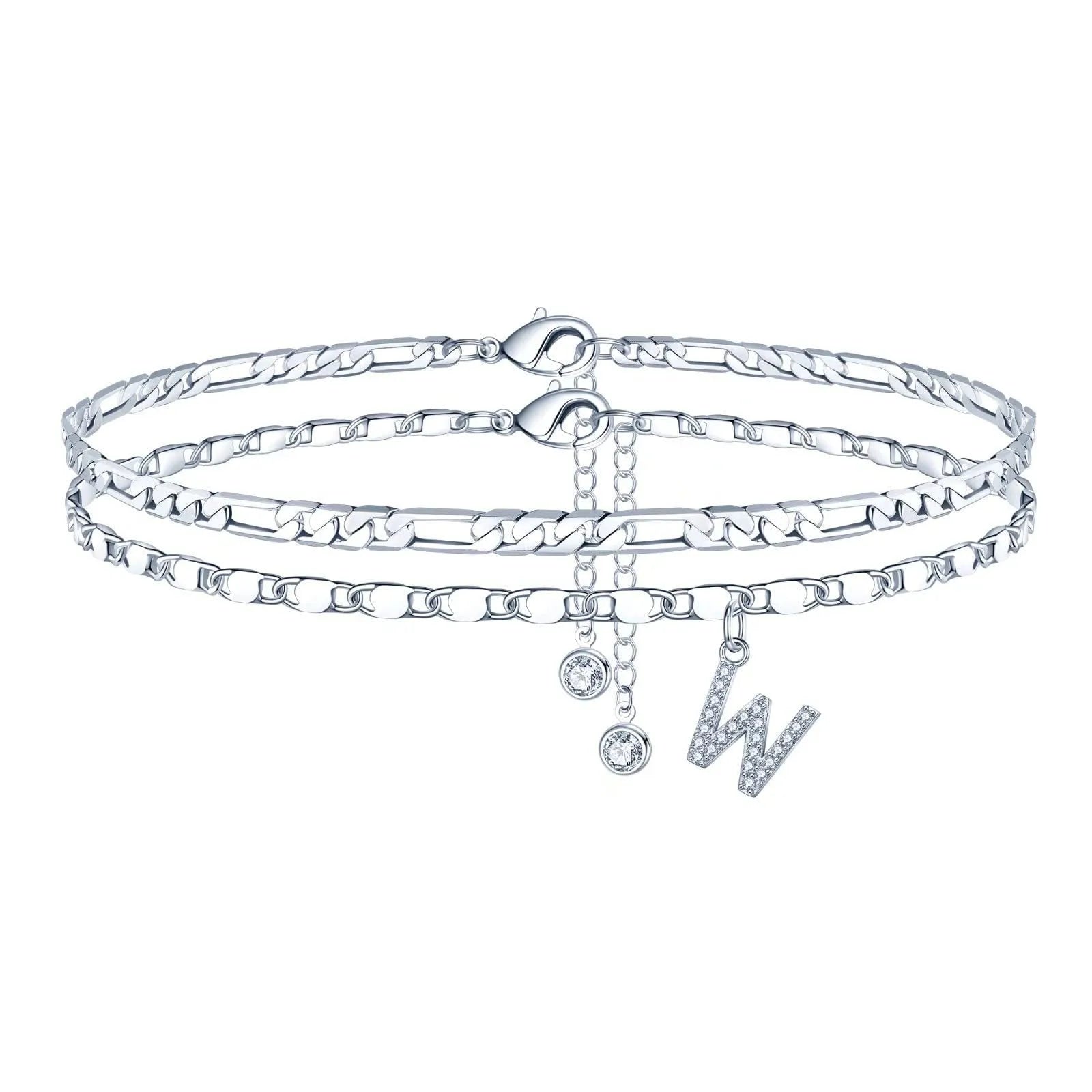 Copper double-circle bead anklet with silver colour finish showing customisable letter styling options