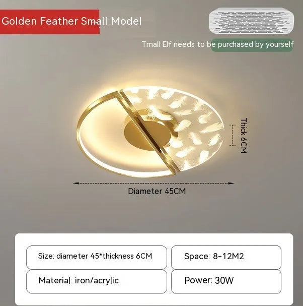 Modern LED ceiling light with monochrome white light, available in 45cm golden feather or 55cm black finish for bathroom