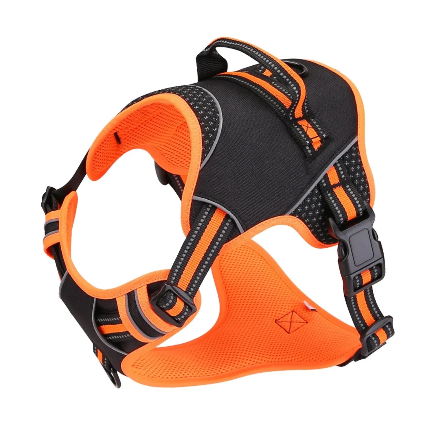 Yellow and orange polyester dog harness with traction strap for outdoor training