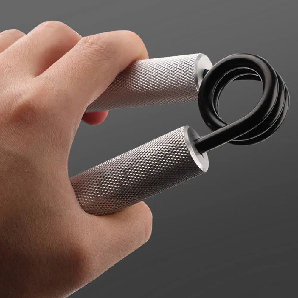 Aluminium alloy hand gripper with spring steel resistance on a neutral background