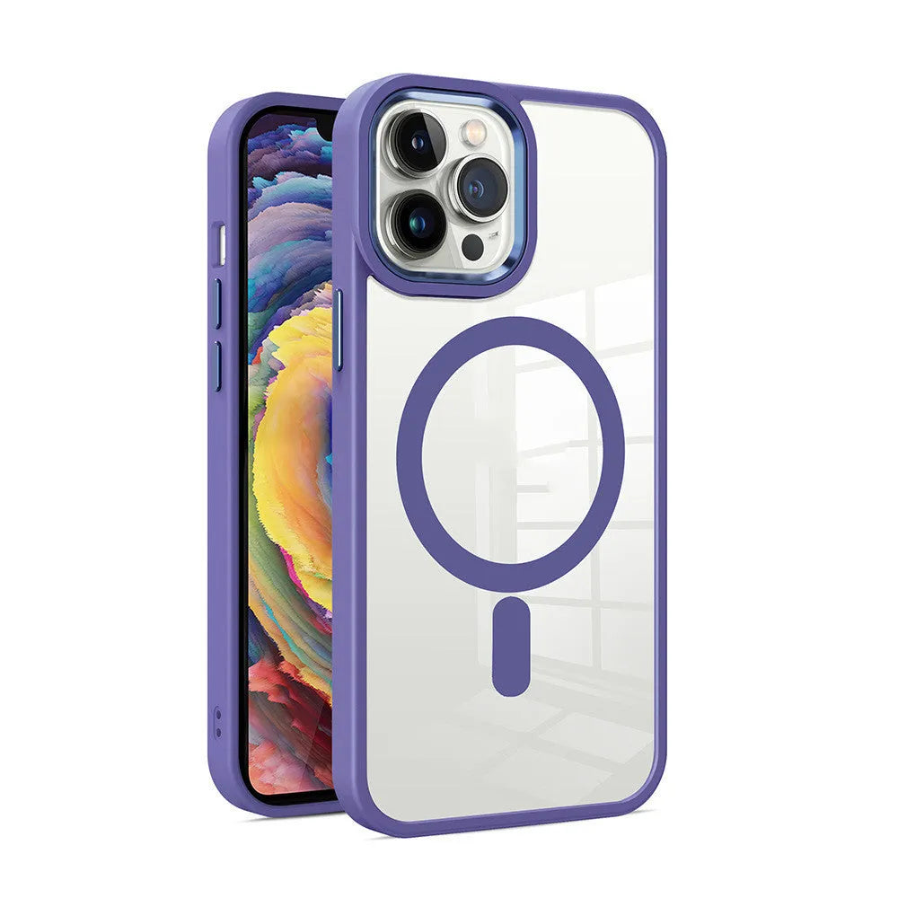 Magnetic transparent silicone phone case on an iPhone, showing colour options like green and red.