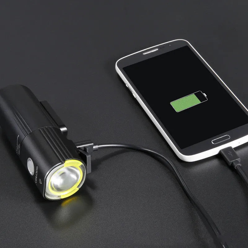Waterproof bicycle headlight 1600 lumens with power bank, aluminium body, USB rechargeable, handlebar mount